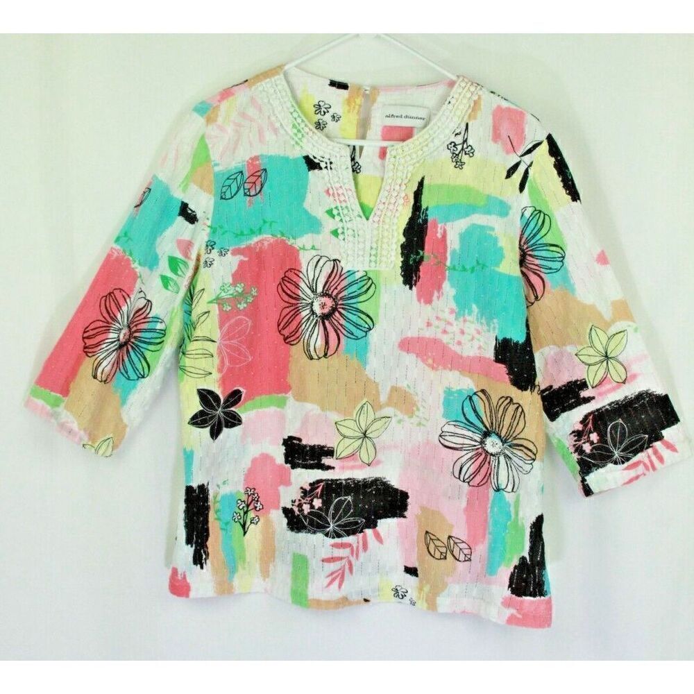 Alfred Dunner Blouse Top Floral Coastal Grandma 3/4 Sleeve Cotton Women Size 14